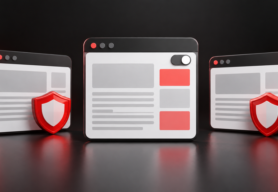 Conceptual illustration of one desktop website card with advertising placeholders beside two cards protected by red shields