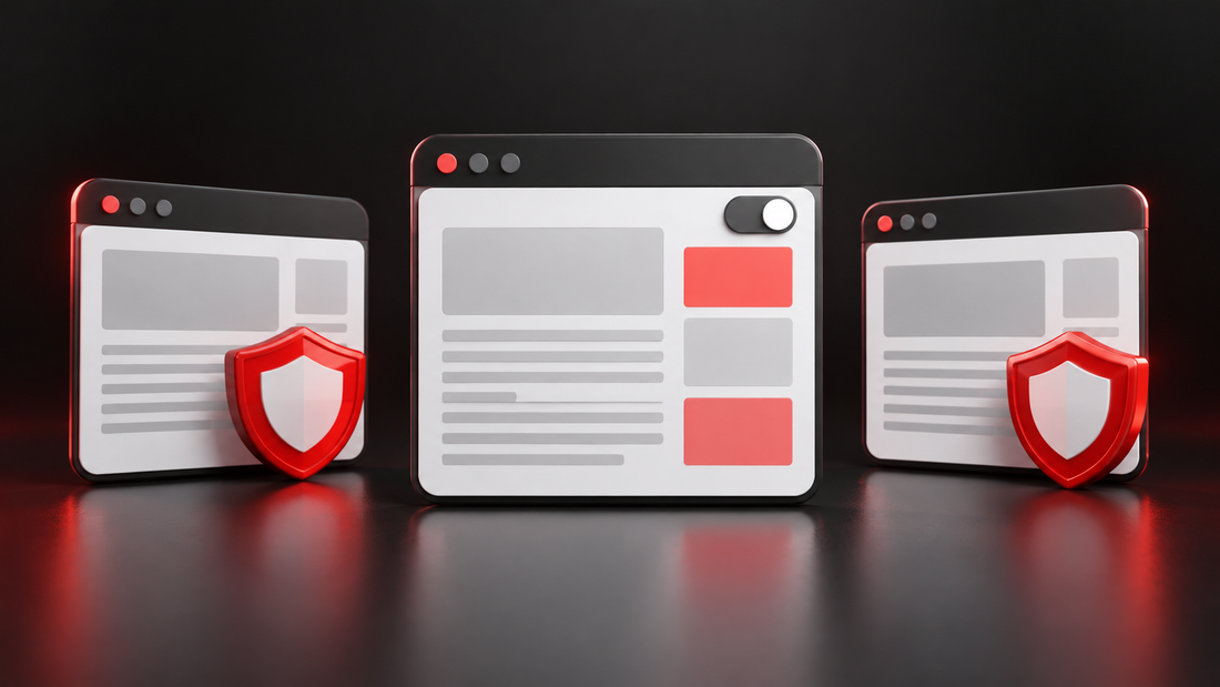 Conceptual illustration of one desktop website card with advertising placeholders beside two cards protected by red shields