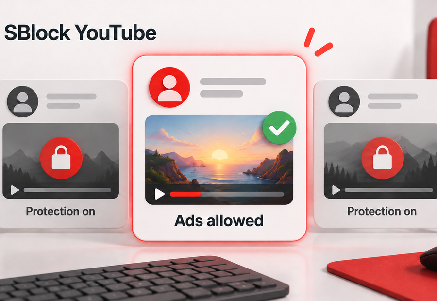 SBlock YouTube illustration: ads allowed for one creator while protection stays on for two other channels