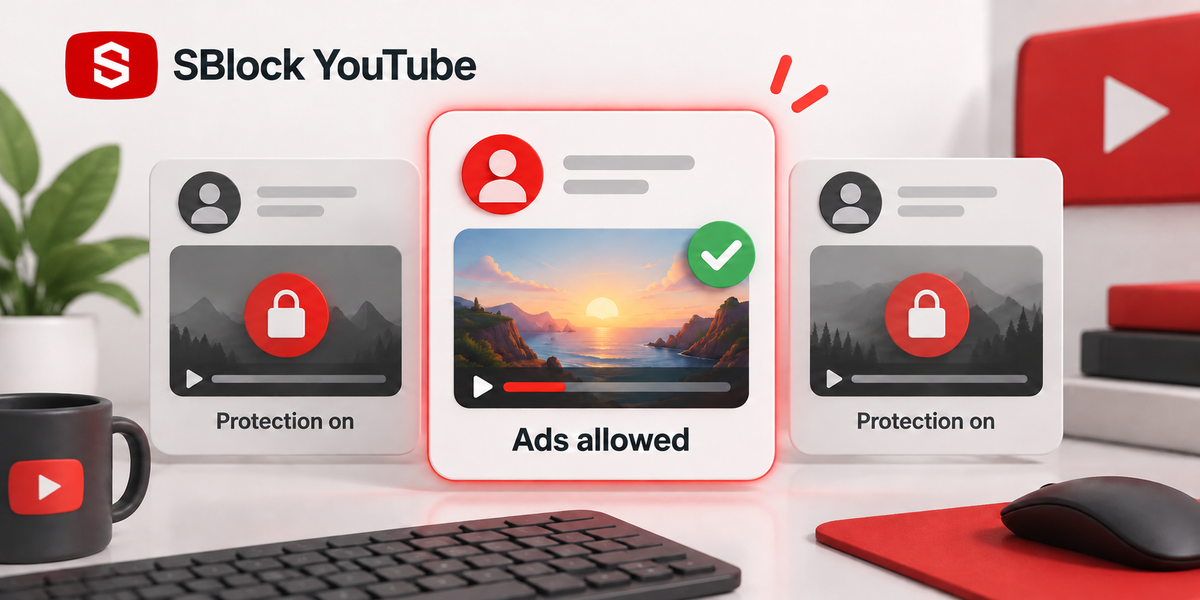 SBlock YouTube illustration: ads allowed for one creator while protection stays on for two other channels