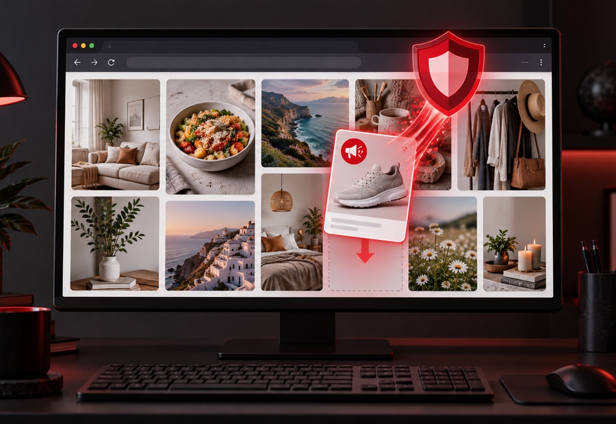 Desktop inspiration board with ordinary image tiles remaining while a red privacy shield removes one promotional product tile