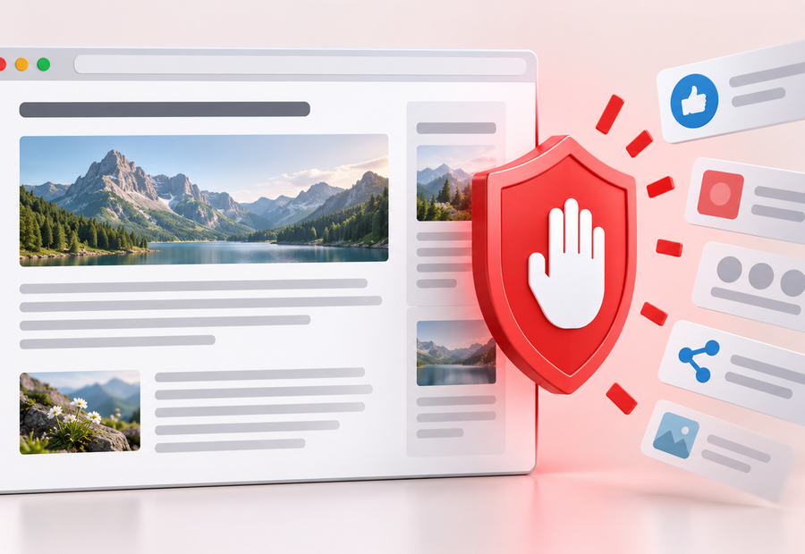 Browser article remains visible while a red privacy shield stops floating social sharing and recommendation widgets