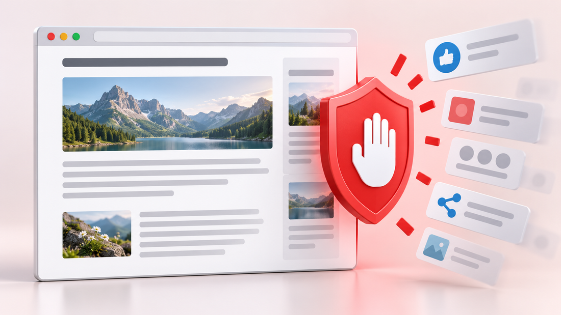 Browser article remains visible while a red privacy shield stops floating social sharing and recommendation widgets