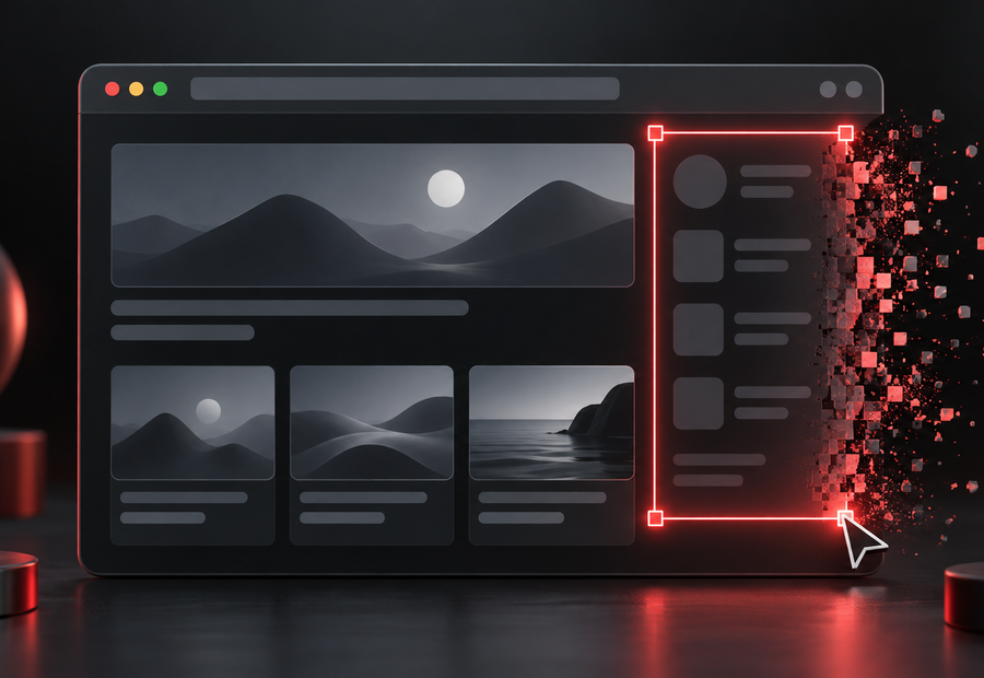 Illustration of a red selection frame removing an unwanted sidebar panel from a dark browser page
