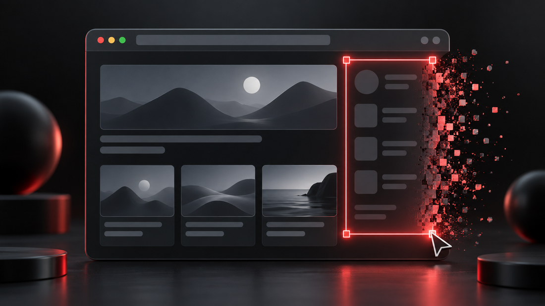 Illustration of a red selection frame removing an unwanted sidebar panel from a dark browser page