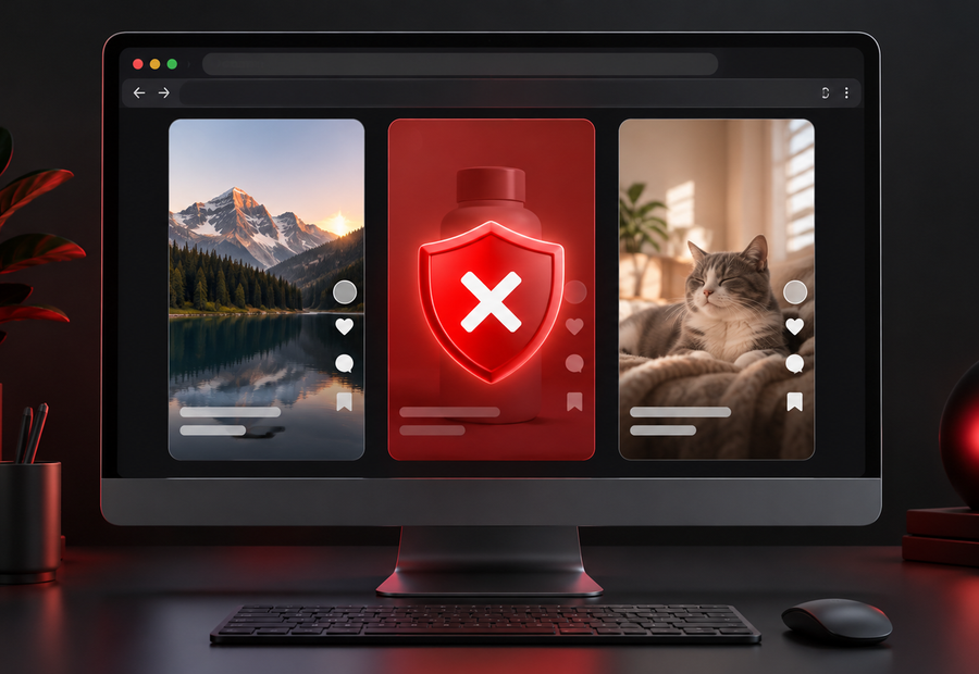 Conceptual desktop browser with a red shield stopping one sponsored-style card while ordinary short-video cards continue