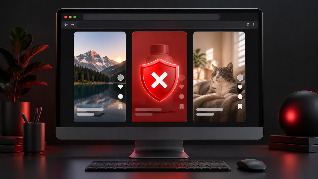Conceptual desktop browser with a red shield stopping one sponsored-style card while ordinary short-video cards continue