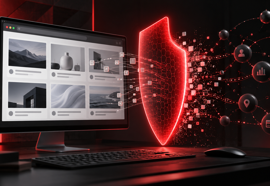 Illustration of a red shield stopping tracking connections between a desktop browser and an external data network