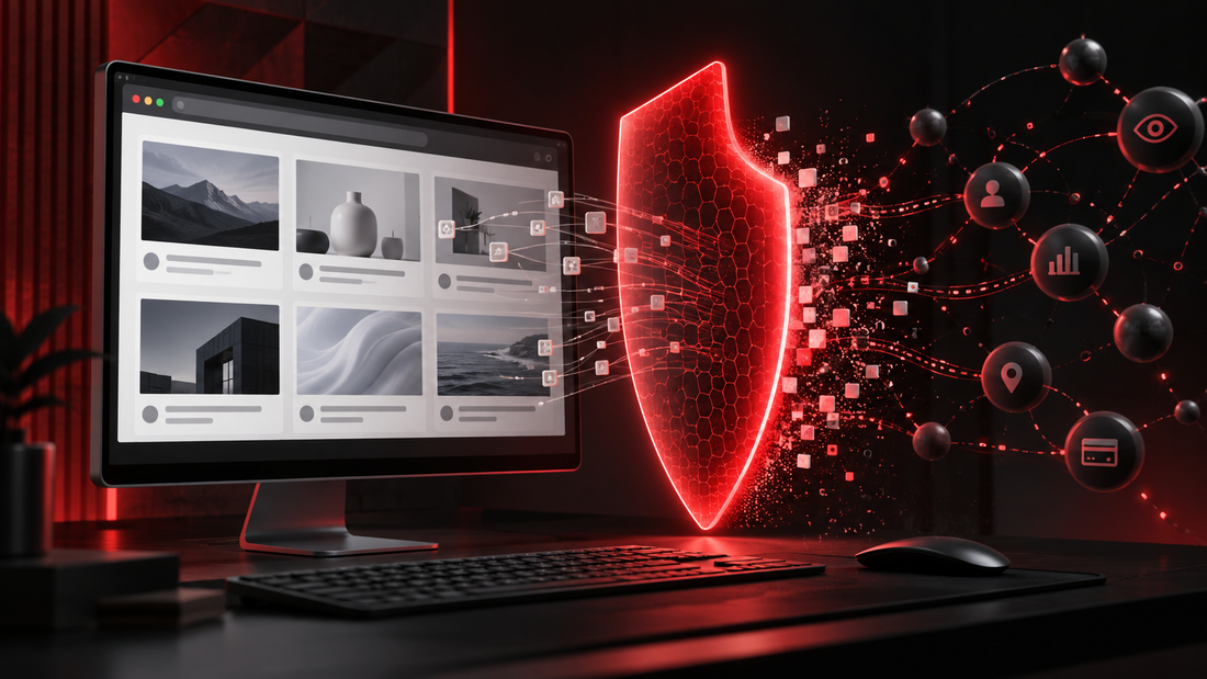 Illustration of a red shield stopping tracking connections between a desktop browser and an external data network