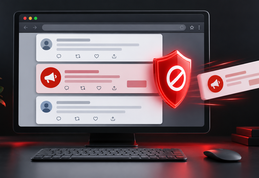 Conceptual desktop social feed with a red shield removing one advertising card while ordinary conversation posts remain