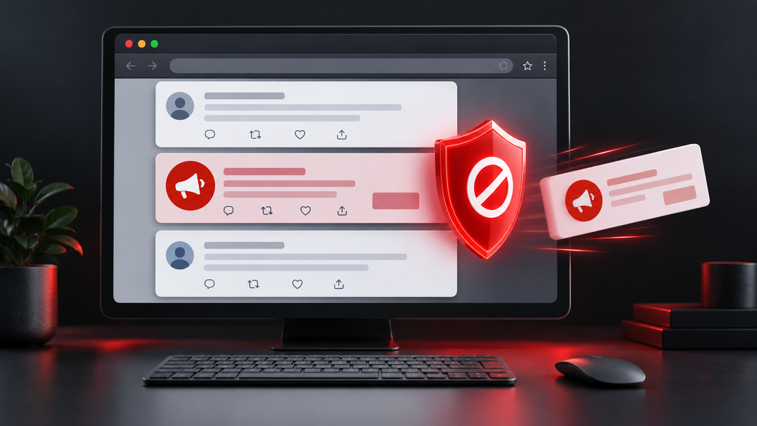Conceptual desktop social feed with a red shield removing one advertising card while ordinary conversation posts remain