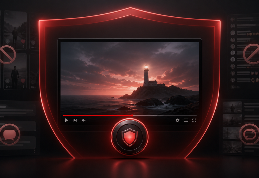 Illustration of SBlock YouTube Focus Mode dimming Shorts, comments, live chat, autoplay, and recommendation panels