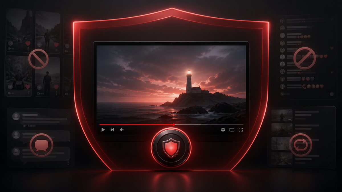 Illustration of SBlock YouTube Focus Mode dimming Shorts, comments, live chat, autoplay, and recommendation panels