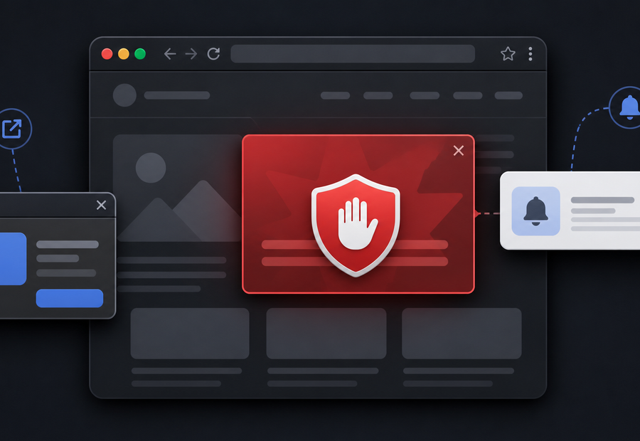 Illustration comparing a pop-up window, site notification, and in-page ad overlay in Chrome