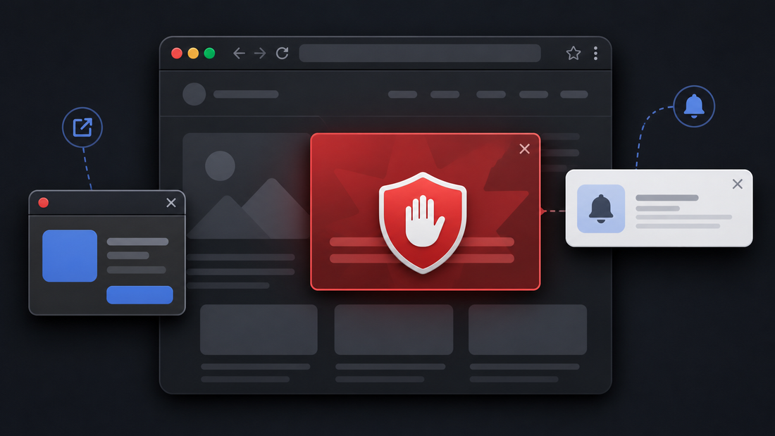 Illustration comparing a pop-up window, site notification, and in-page ad overlay in Chrome