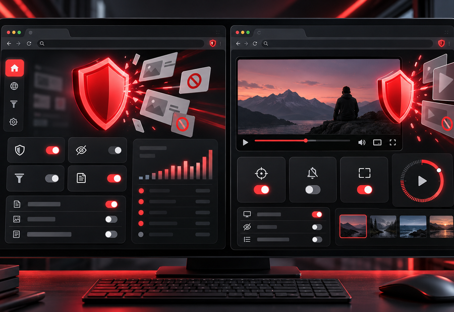 Two-panel browser workspace showing a red shield protecting general web controls and a separate video focus interface