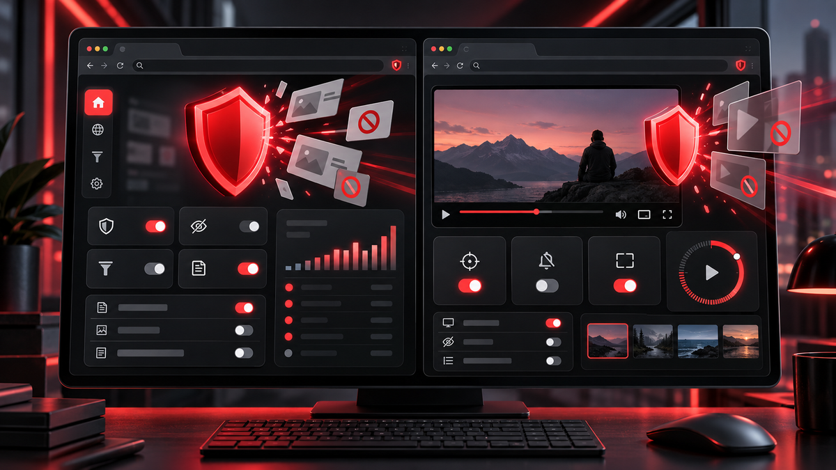 Two-panel browser workspace showing a red shield protecting general web controls and a separate video focus interface