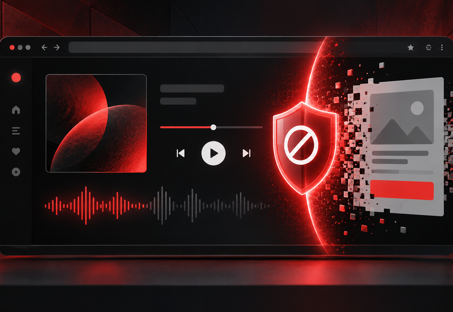 Illustration of a red protection shield filtering an intrusive ad panel beside a music player in a dark desktop browser