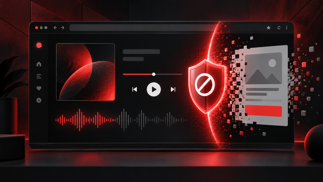 Illustration of a red protection shield filtering an intrusive ad panel beside a music player in a dark desktop browser