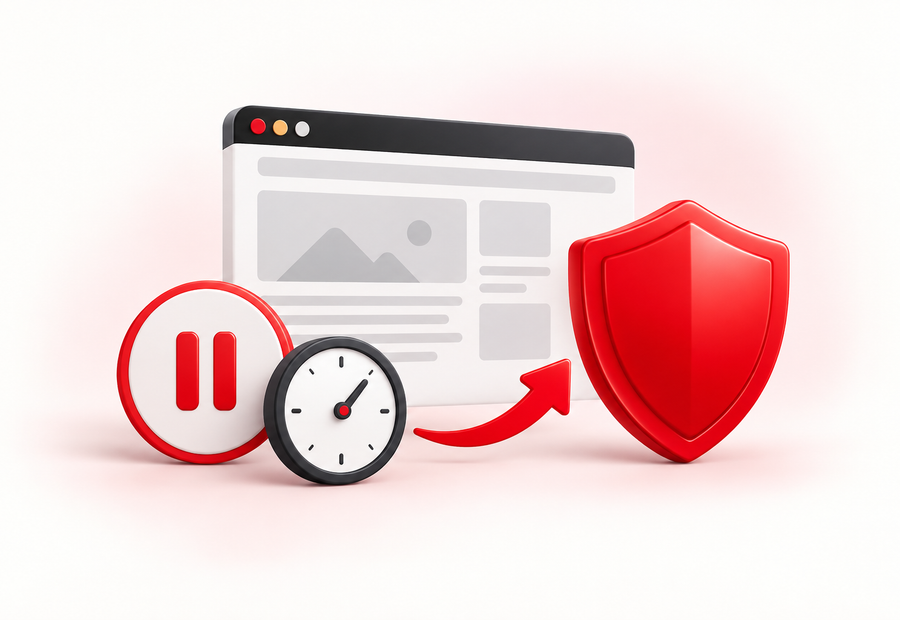 Conceptual SBlock illustration showing a browser, red shield, clock, pause symbol and return-to-protection arrow.