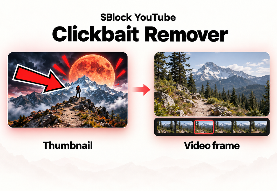 Conceptual SBlock YouTube illustration comparing a dramatic mountain thumbnail with a calmer video frame and filmstrip.
