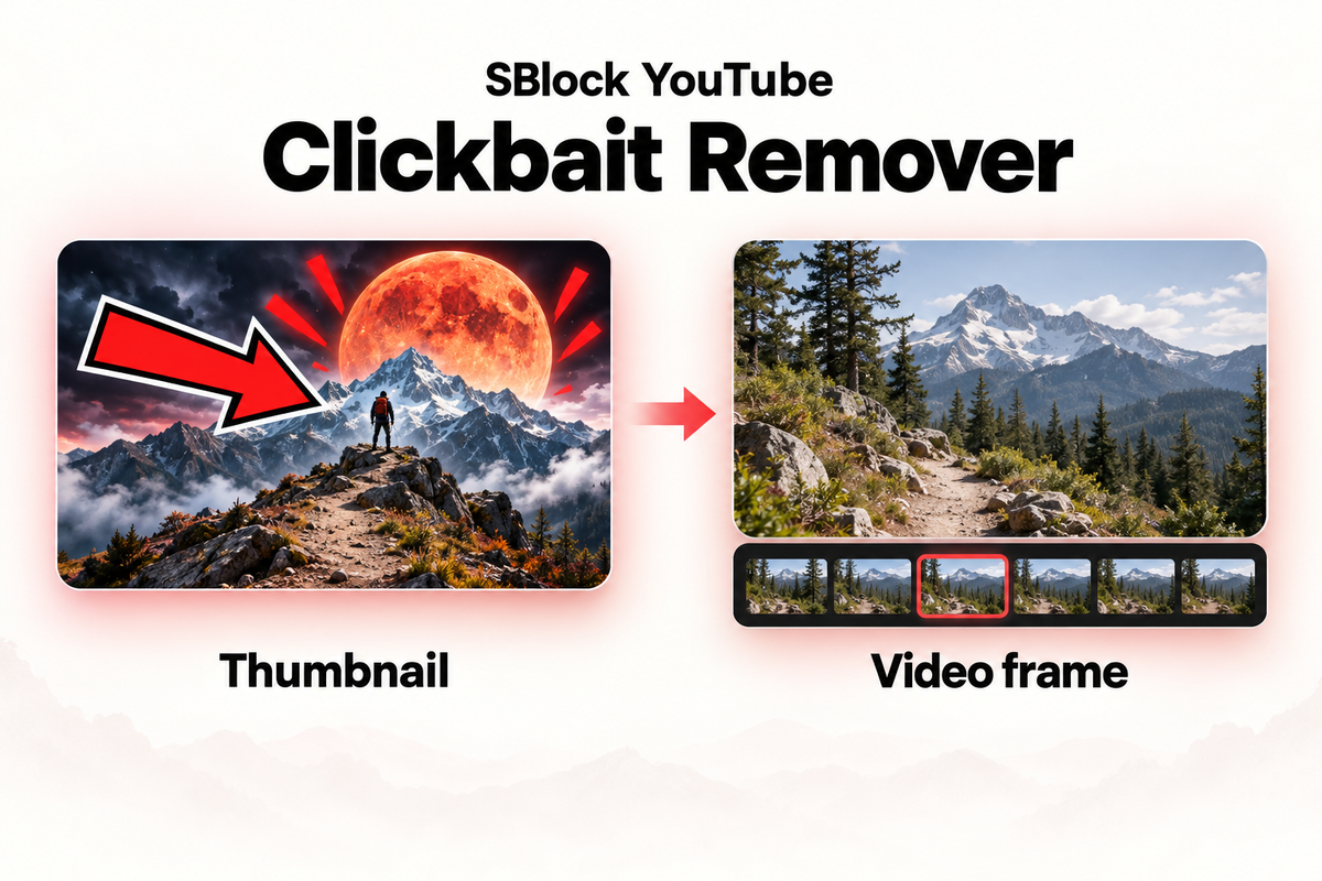 Conceptual SBlock YouTube illustration comparing a dramatic mountain thumbnail with a calmer video frame and filmstrip.